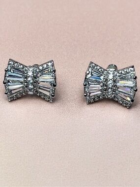 Baguette CZ Bow Silver Filled Stud Earrings Sparkly Dainty Cute Ribbon